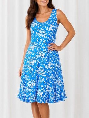👚 Blue White Floral Sleeveless Dress Ruffle Hem Summer Shift Dress XL